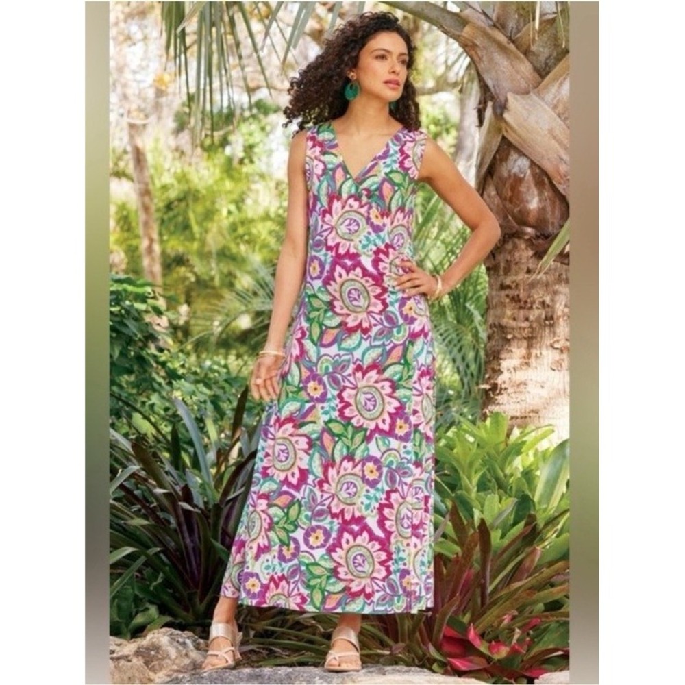NWT Soft Surroundings Malee Maxi Dress Rio Garden Floral Pink Green Medium